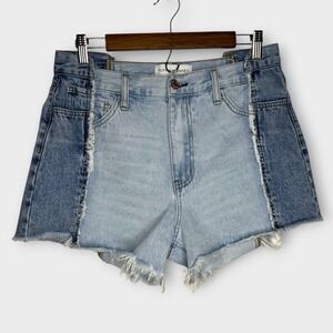 Flying Monkey Patchwork Bi-Color Denim Jean Shorts‎ Raw Hem Fringe Blue Size 29